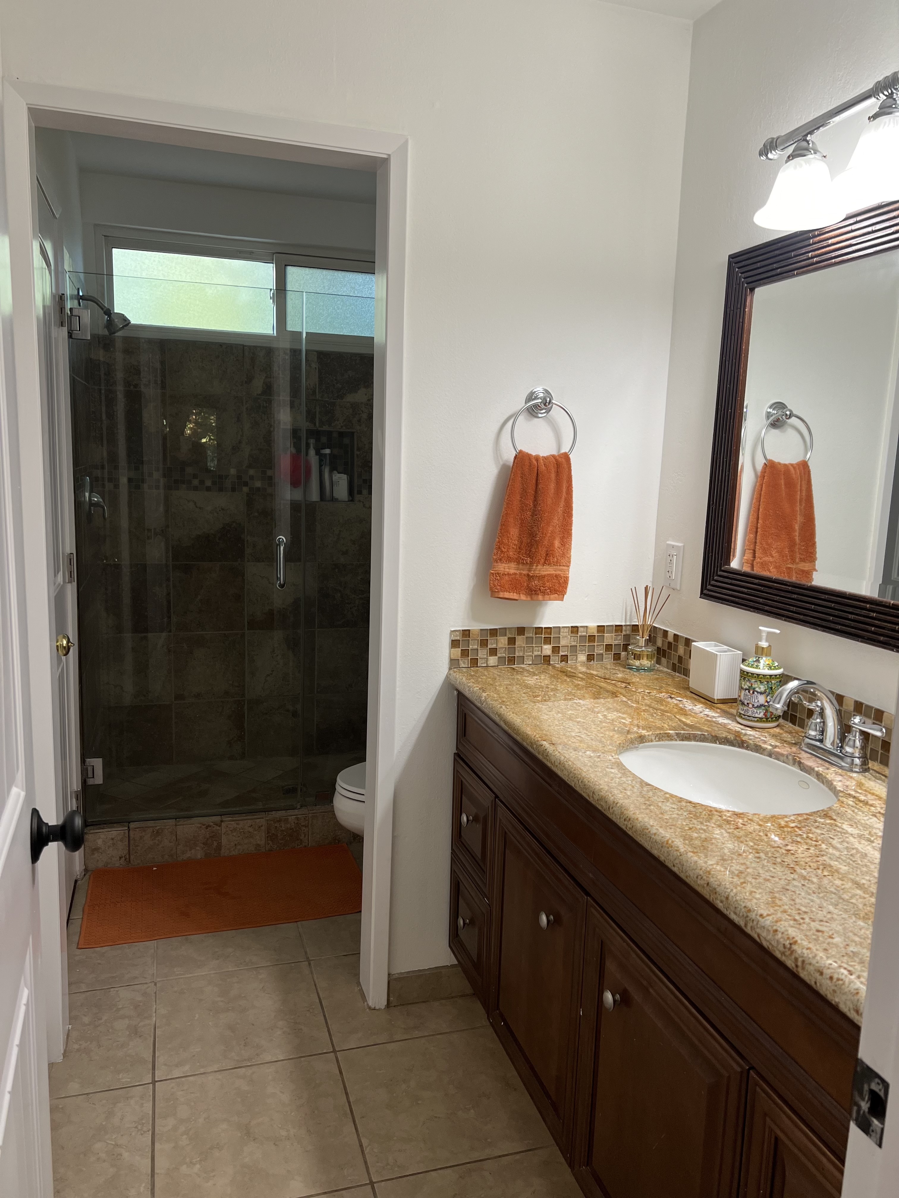 Bathroom vanity and walk-in shower